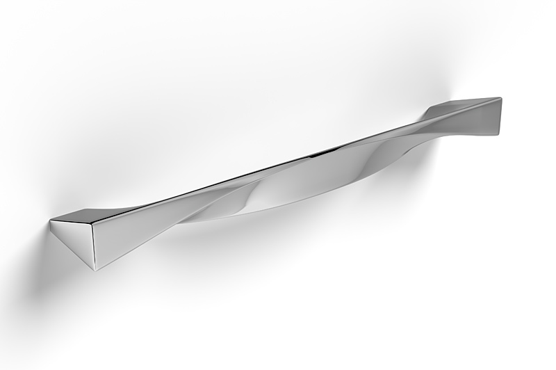 Twisted chrome furniture handle 3D model with reflective surface and dynamic form, rendered for realistic product visualization and advertising use